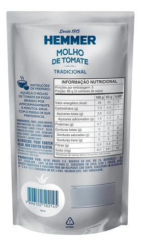 Molho De Tomate Macarrão Tradicional Sachê 300g Hemmer