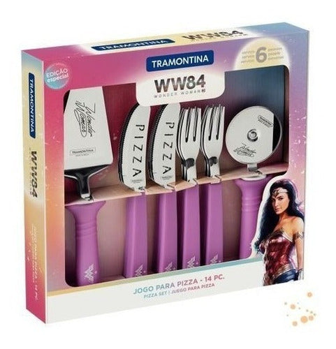 Jogo Para Pizza 14 Pcs Mulher Maravilha Magenta - Laminas Aco Inox E Cabos Polipropileno
