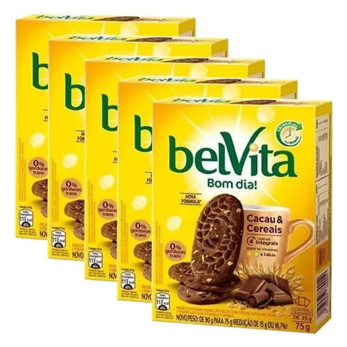 Biscoito Belvita Cacau & Cereais contendo 5 caixinhas de 75g cada