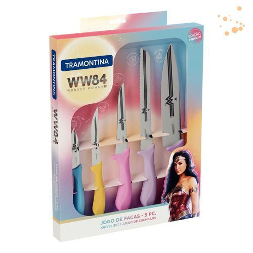 Jogo De Facas 5 Pcs Mulher Maravilha Colorido - Sortidos Com Laminas Aco Inox E Cabos Pp