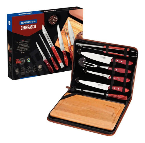 Kit Churrasco Tramontina Polywood 8 Pcs Inox Tabua E Estojo