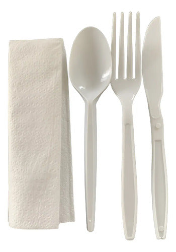 Kit Talher Descartáveis Garfo Faca Colher Guardanapo 50 Un  Branco
