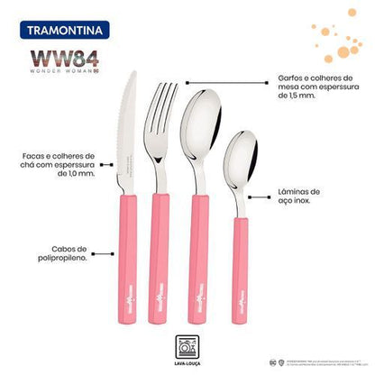 Tramontina Faqueiro 16Pcs Mulher Maravilha Rose - Sortidos Com Laminas Aco Inox E Cabos Polipropileno