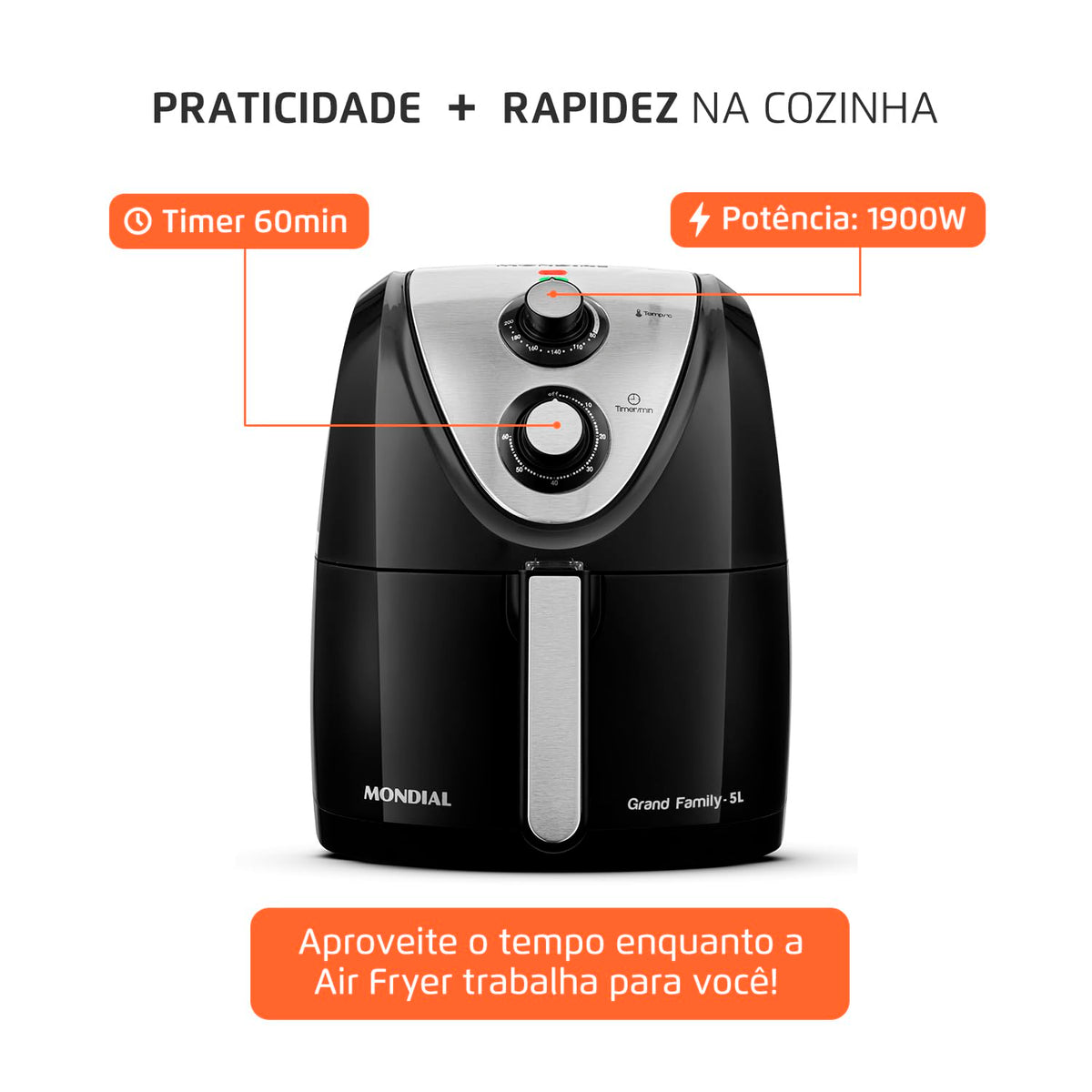 MONDIAL Fritadeira Sem Óleo Grand Family Inox - 5L, 127V, Preto, 1900W - AFN-50-BI