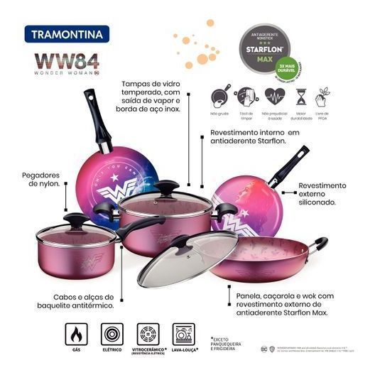 Jogo De Panelas 5 Pcs Mulher Maravilha Colorido- Sortidos De Utensilios Para Uso Domestico