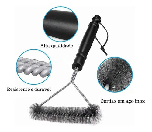 Escova Limpa Grelha Churrasqueira 3 Lados Com Cerdas De Aço