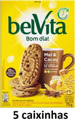 Biscoito Belvita Mel e Gotas de Cacau 75g contendo 5 caixinhas de 75g cada