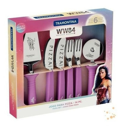 Jogo Para Pizza 14 Pcs Mulher Maravilha Magenta - Laminas Aco Inox E Cabos Polipropileno