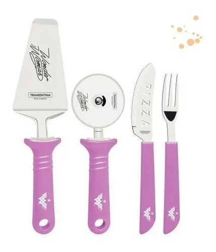 Jogo Para Pizza 14 Pcs Mulher Maravilha Magenta - Laminas Aco Inox E Cabos Polipropileno