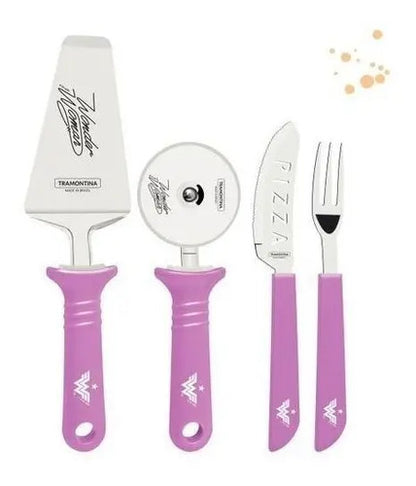 Jogo Para Pizza 14 Pcs Mulher Maravilha Magenta - Laminas Aco Inox E Cabos Polipropileno