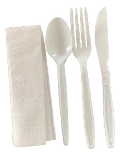 Kit Talher Descartáveis Garfo Faca Colher Guardanapo 50 Un  Branco