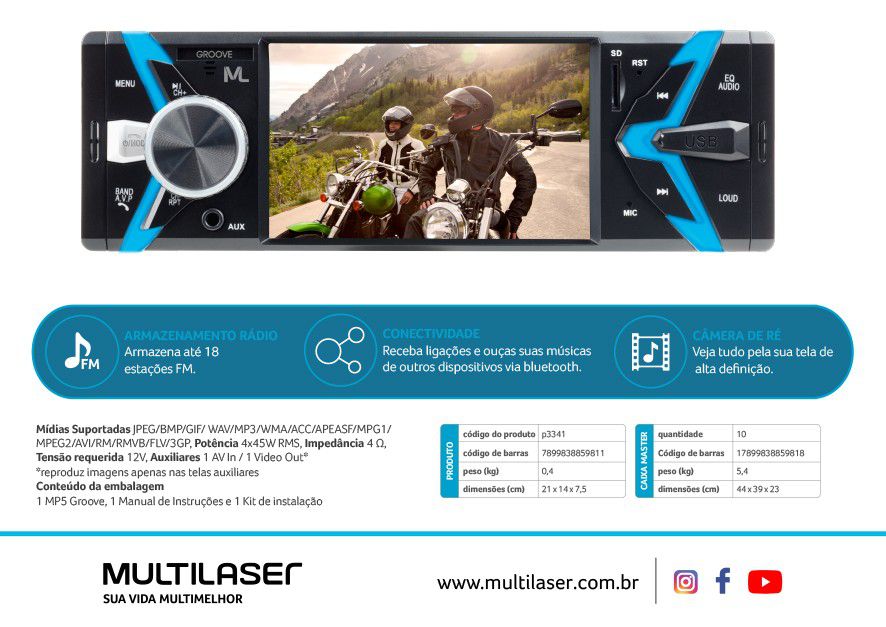 Som Automotivo Groove Tela 4 Pol. Bluetooth 4x45W RMS Multilaser - P3341