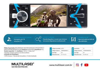 Som Automotivo Groove Tela 4 Pol. Bluetooth 4x45W RMS Multilaser - P3341