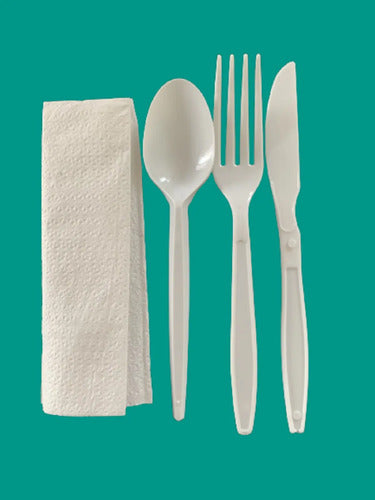 Kit Talher Descartáveis Garfo Faca Colher Guardanapo 50 Un  Branco