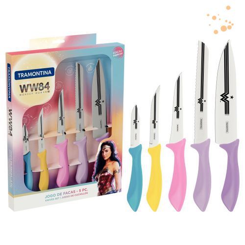 Jogo De Facas 5 Pcs Mulher Maravilha Colorido - Sortidos Com Laminas Aco Inox E Cabos Pp