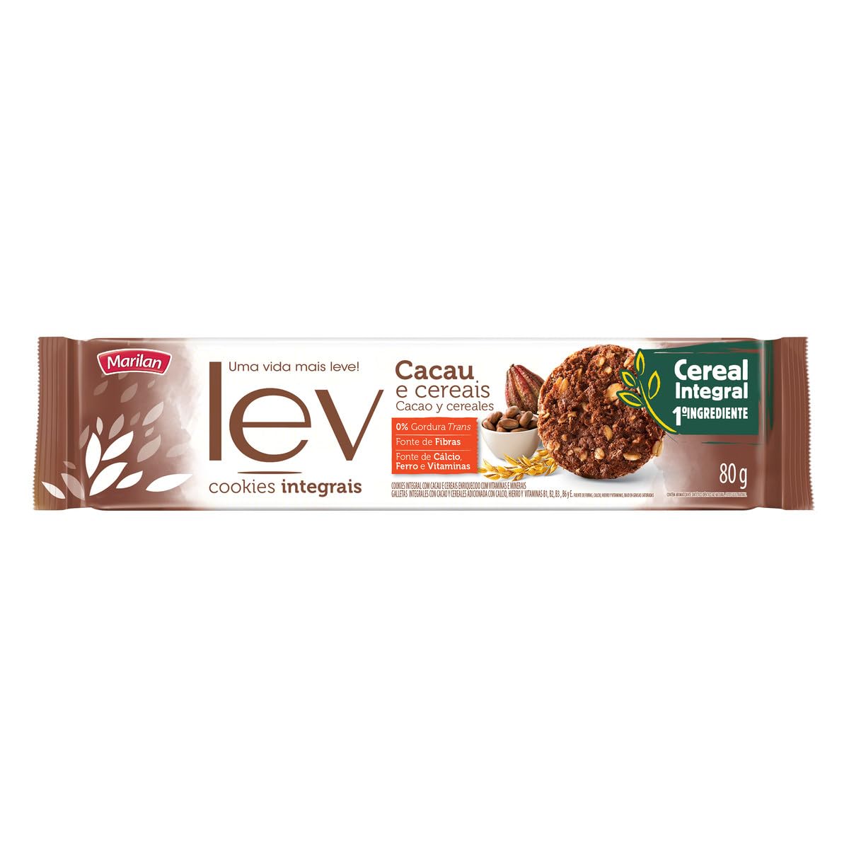 Biscoito Lev Cookie Integral Cacau e Cereais 80g
