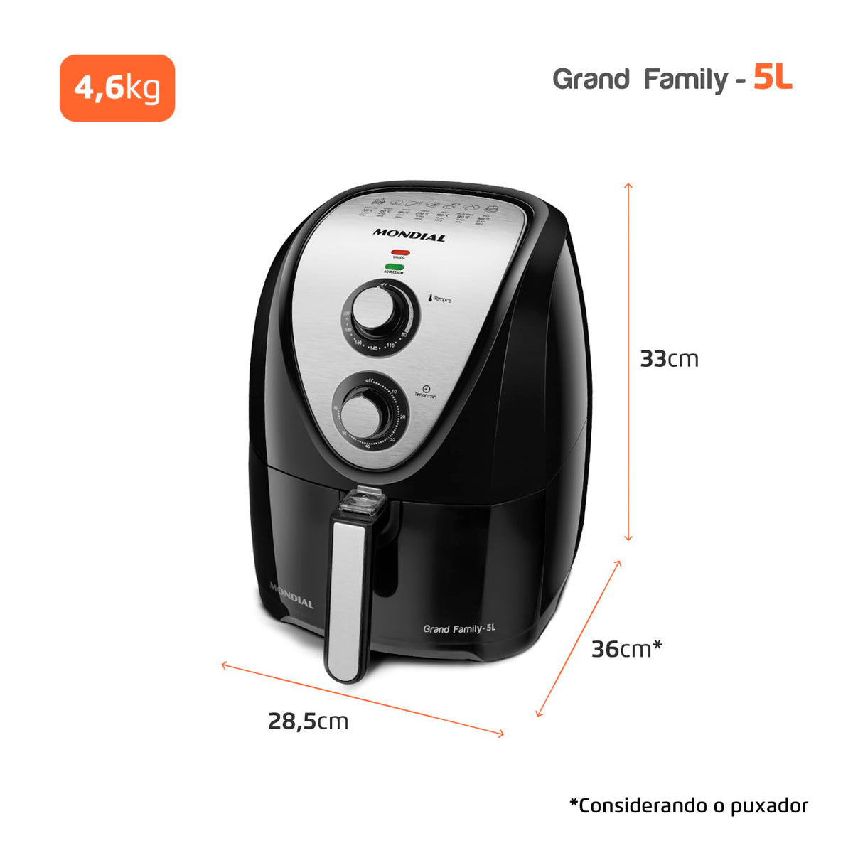 MONDIAL Fritadeira Sem Óleo Grand Family Inox - 5L, 127V, Preto, 1900W - AFN-50-BI