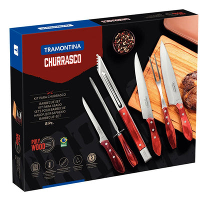 Kit Churrasco Tramontina Polywood 8 Pcs Inox Tabua E Estojo