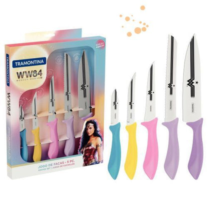 Jogo De Facas 5 Pcs Mulher Maravilha Colorido - Sortidos Com Laminas Aco Inox E Cabos Pp