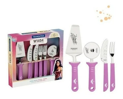 Jogo Para Pizza 14 Pcs Mulher Maravilha Magenta - Laminas Aco Inox E Cabos Polipropileno